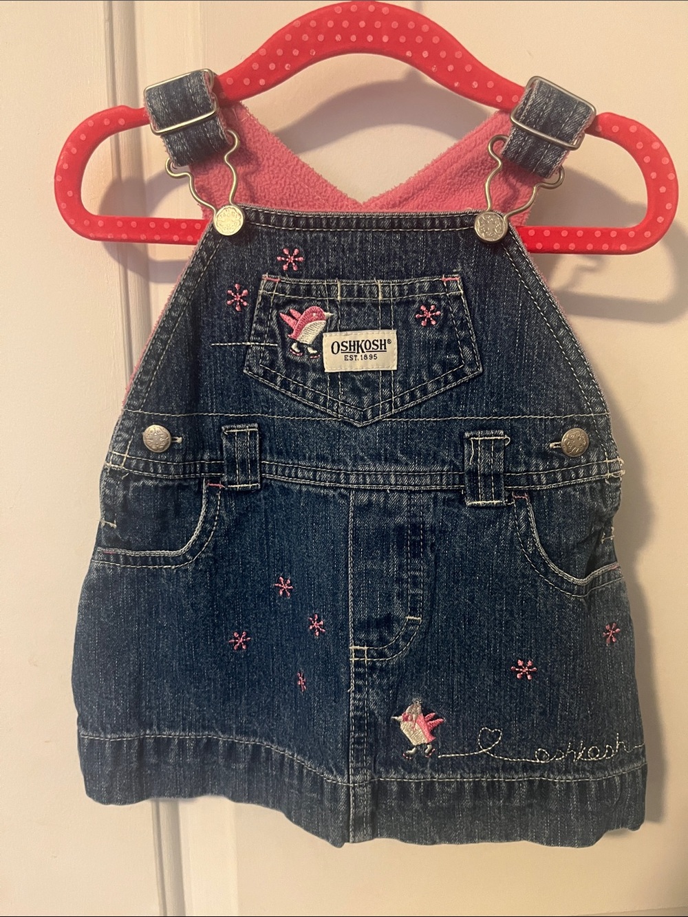 OshKosh B'gosh Dark Blue Denim Overall Dress with Pink Embroidery